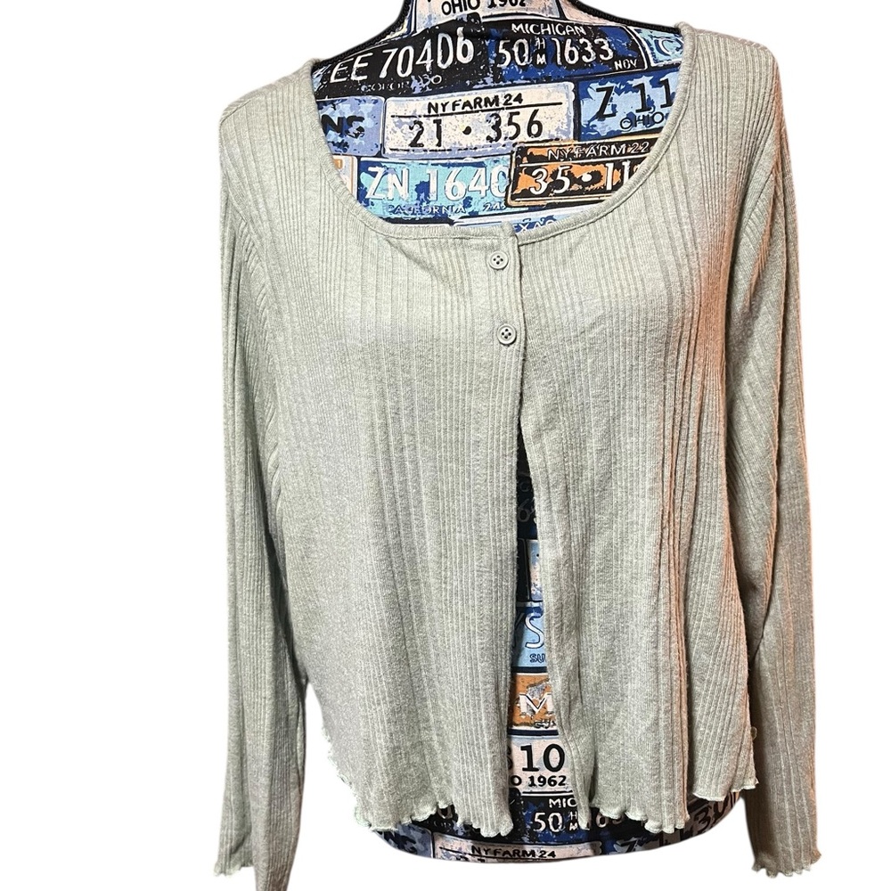 Liberty Love Natural Tone Light Green Scalloped Ribbed Cropped Cardigan Sz 3XL